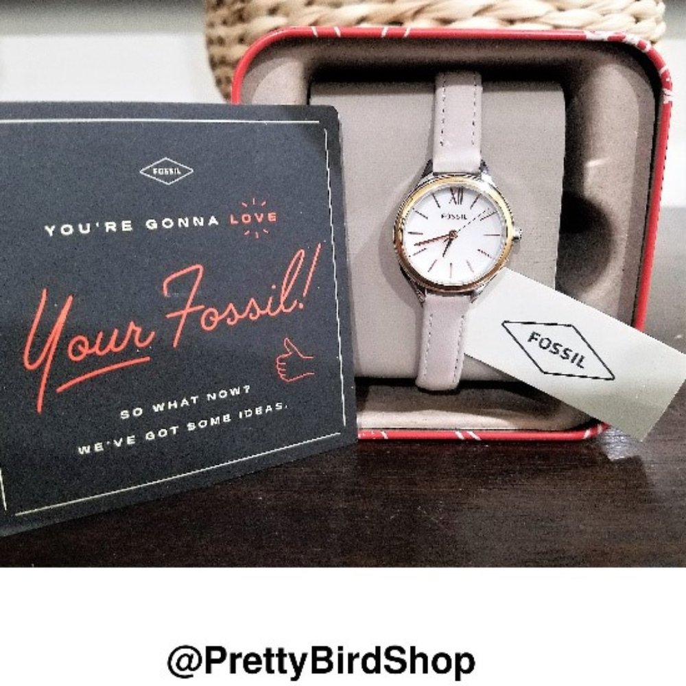 FOSSIL watch NWT rare mother of pearl gold bezel tan leather gray